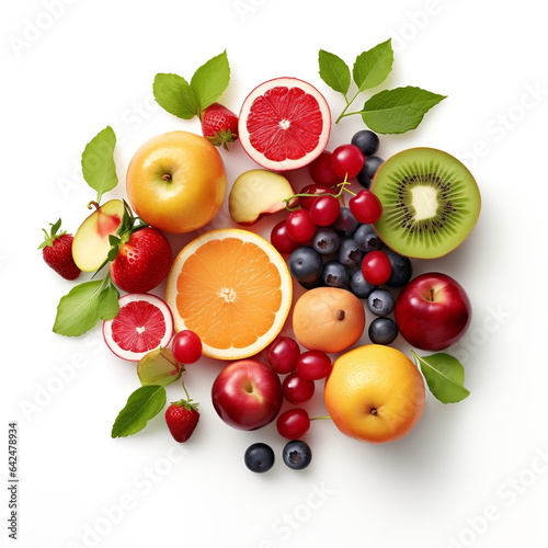 Zdrowe owoce na białym tle izolowane - kompozycja źródła witamin. Jabłko, kiwi, pomarańcz, grejpfrut, truskawki, wiśnie, borówki i listki. W całości i przecięte połówki.
