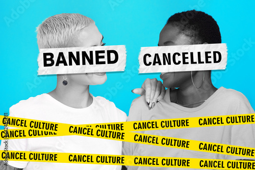 Social media, cancel culture and women online, internet or influencer friends on a studio blue background. Negative, bad and graphic words for banned or fail for public or political opinion or voice