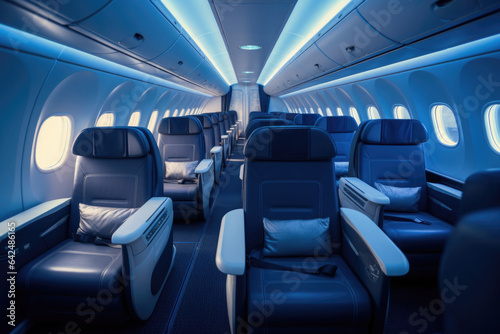 Empty passenger seats in cabin of the aircraft. Plane interior. Business class in commercial transport