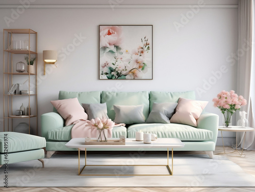 Pastelowy salon - miętowa kanapa. Mockup - obraz na ścianie. Miętowe i różowe wnętrze. Wizualizacja 3d