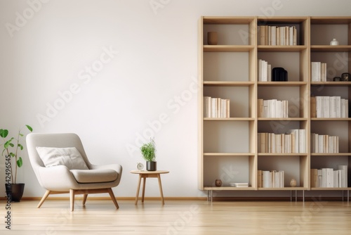 home beautiful interior template mockup living room design background cosy armchair with wooden cabinet bookshelf bright clean and clear interior space home background design