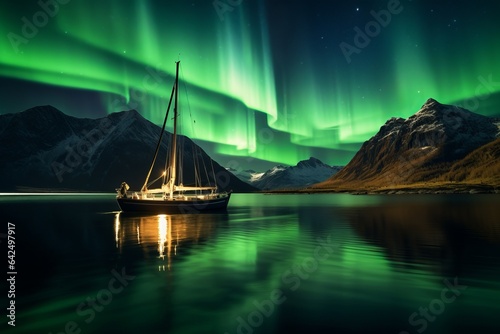 a sailboat sailing under the green shine of aurora borealis in the fiords of Norway