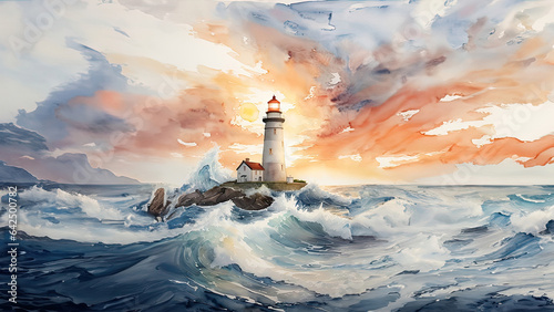 Watercolor painting of a lighthouse shining in the sunset with waves
