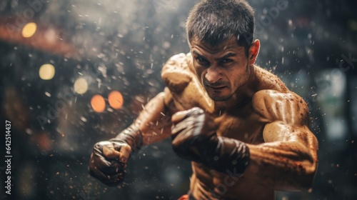 a closeup photo of a professional martial arts fighter having a fight on a boxing ring. epic action scene beating with water splash effect. pc desktop wallpaper, 16:9, 4k. blurry. Generative AI
