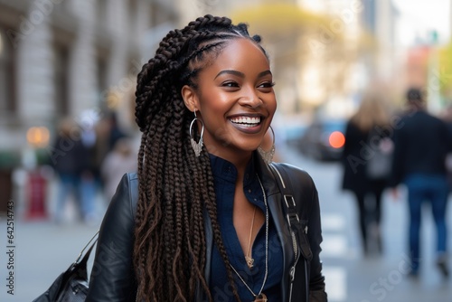 Young black African American business woman in city walking street smiling happy face