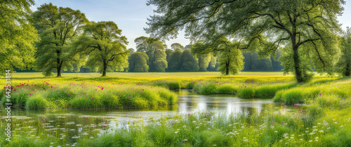 Landscape concept background beautiful meadows and natural pond in summertime