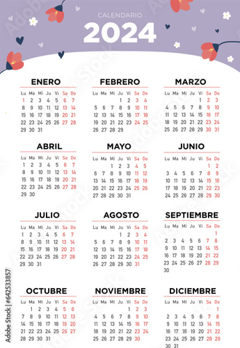 calendario 2024 en español, con fondo de flores. 
