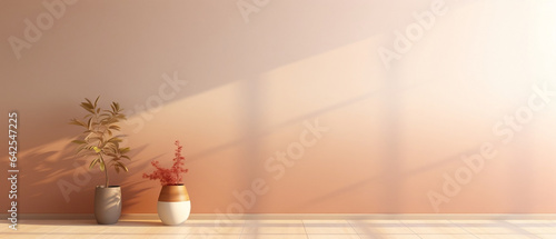 Mockup - pomarańczowa ściana z cieniem do prezentacji produktu - obrazu. Wazon na podłodze z kwiatami