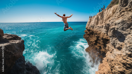 Cliff Jumping: A daring individual captured mid - leap off a towering cliff into turquoise ocean below, high adrenaline, natural sunlight