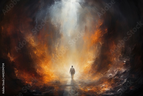 Religious biblical concept of human death, soul goes to purgatory, road to heaven, light at the end of the tunnel, road to god, life and death, heaven, heaven and hell .