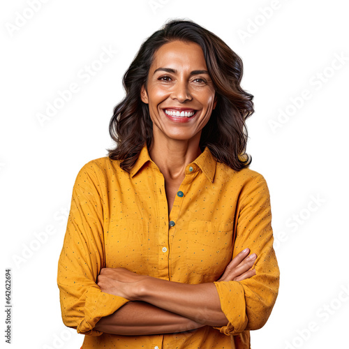 Middle aged Hispanic woman joyfully poses with crossed arms and a happy expression in front of a transparent background