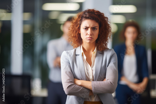 Mulher pedindo basta no assédio, discriminação e desrespeito no ambiente de trabalho.