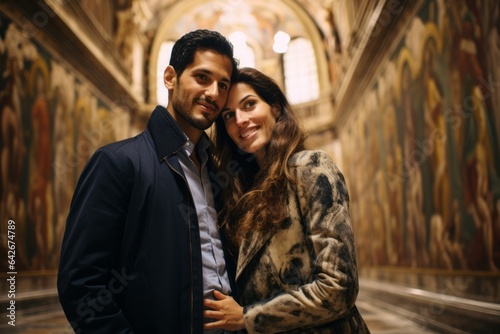Couple in their 30s at the Sistine Chapel in Vatican City