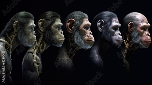 five different primates with their heads turned to look like they are looking at each other primates in the same direction