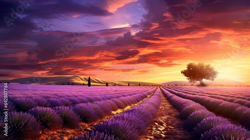 A serene lavender field at sunset with a solitary tree created with Generative AI technology