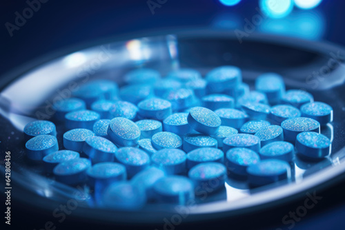 Blue ecstasy pills or tablets containing mdma on a silver plate