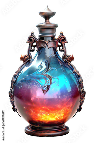 Realistic elixir/magic potion in a glass bottle. Witch's colorful potion. Isolated on a transparent background.