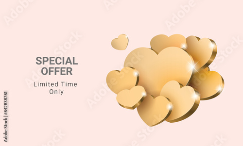 Composition of golden hearts. Poster design for Valentine's Day or a gift for a loved one. Promotion poster horizontal design template. Vector illustration