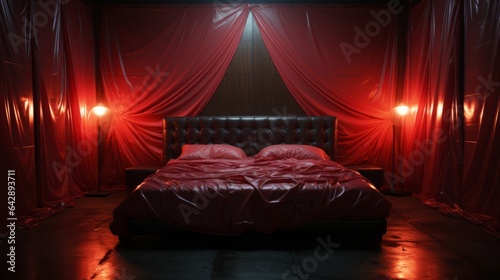 Red bedroom with dark lighting