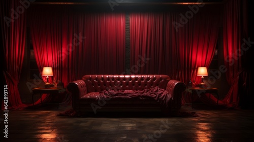 Red sofa in the dark room with dark lighting