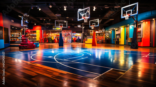 Sports-themed corner with basketball hoops and mini-golf stations.