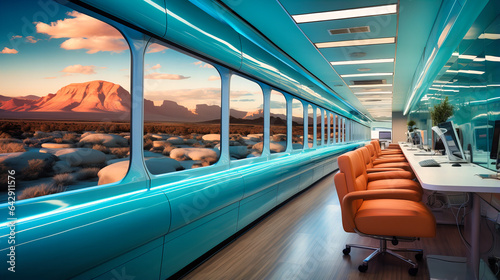 Travel-inspired office spaces resembling train compartments or airplane cabins.