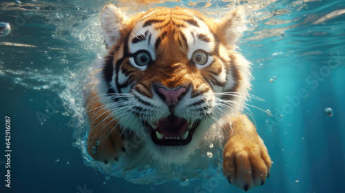 Close-up of a tiger swimming underwater in the water with its mouth open. created by generative AI technology.