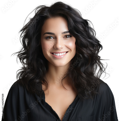 Portrait of a natural beautiful smiling woman with black hair isolated on a white background as transparent PNG