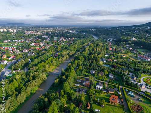 Ustron Aerial View. Scenery of the town and health resort in Ustron on the hills of the Silesian Beskids. Poland.