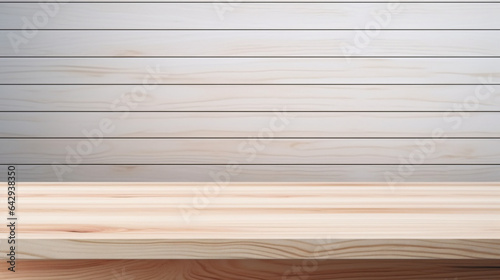 Wooden table top on white wooden strriped line wall background. For product display. High quality photo