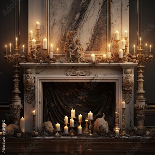 an ornate fireplace with candles and statues on the mantle, in front of a large marble fireplace surrounder surrounded by candle holders