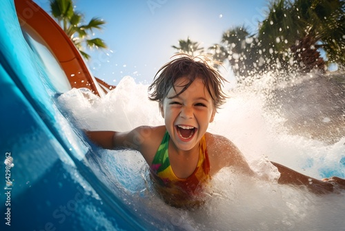 laughing happy girl in a water park, sliding down the toboggan, splashes and foam, joy from active recreation, summer, bright sun.