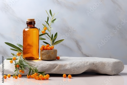 Sea buckthorn branch with berries and leaves on podium natural cosmetic