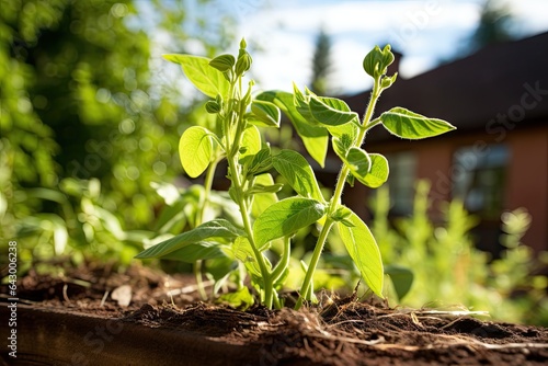 A diminutive bean plant blossoming amidst the environmentally conscious surroundings of a country home garden.