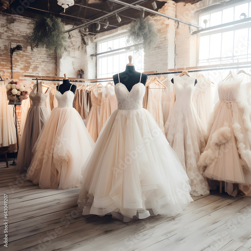 Various bridal dresses on display in a bridal shop. A wedding and fashion concept. Generative ai. 