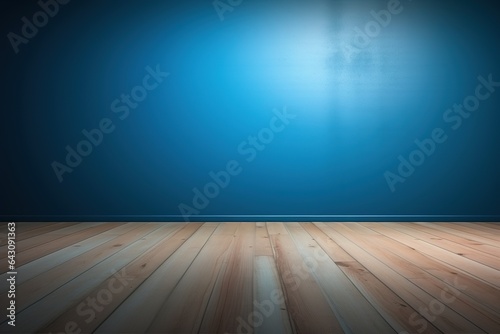 Blue empty wall and wooden floor with interesting light glare. Interior background.
