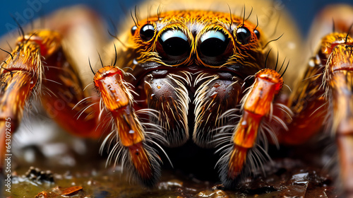 Close up macro photo of a Spider, with hair and eyes Concept of Arachnophobia and fear of spiders. Shallow field of view. 