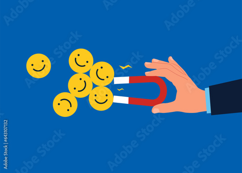 Using magnet to collect funny and positive emoticons. Vector illustration