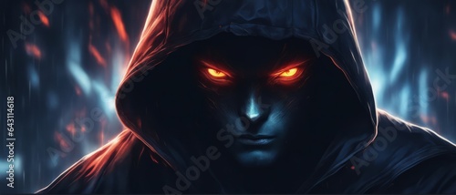 A hooded man with scars on his face and light from his eyes stands in the darkness