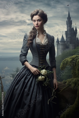 Victorian style clothes young woman on castle background