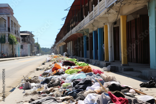 Littered Street With Clothing Strewn In The Gutters. Сoncept Littering, Urban Clothing, Streetside Dumping, Ugly City Aesthetics