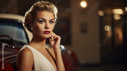 Model displaying classic Hollywood glam makeup, with a vintage car in the background