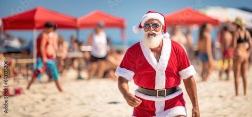 Happy Smiling Santa Claus enjoying walk in the crowded tropical beach