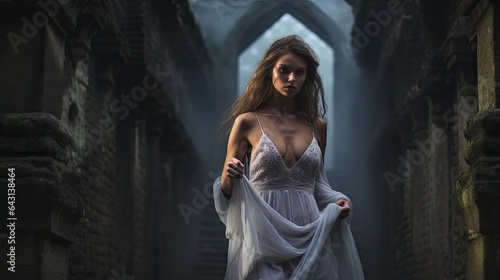Model showcasing an ethereal banshee look, set against a backdrop of ancient ruins
