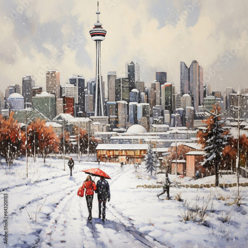 Calgary city skyline illustration in winter