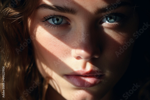 Extreme close up of a caucasian woman with striking Blue eyes and pouty lips. Face of beautiful caucasian woman. interplay of light and shadow. Dramatic composition. High quality photo