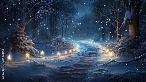 An enchanting winter forest with a trail of footprints leading to a glowing "Merry Christmas" sign, Merry Christmas, star