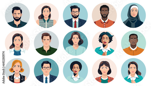 People faces avatars vector collection - Set of various diverse character heads in round frames. Flat design illustrations with white background