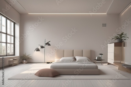 white bedroom interior with wooden walls, floor, bed and parquet floor, bedside table with bedside tables. minimalist modern design.white bedroom interior with wooden walls, floor, bed and parquet flo