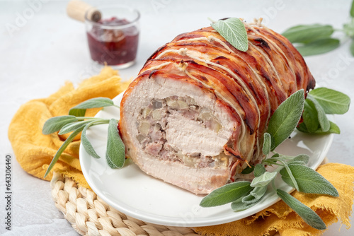 Pork Loin Roll Stuffed with sausage, Apples, Walnuts and Herbs